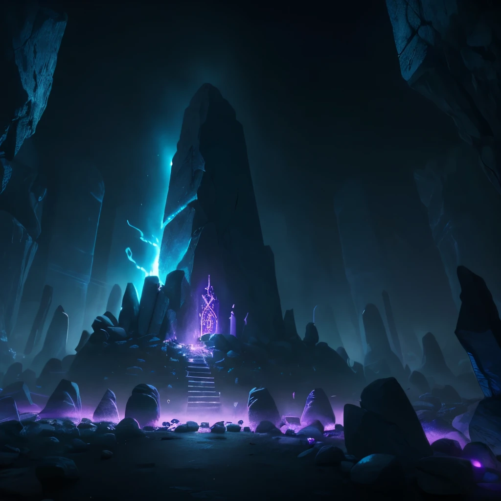 a picture taken from a video game shows a group of rocks with glowing lights, runestones, giant grave structures, dark runes, lost runes, stone runes on the front, symmetrical epic fantasy art, purple fire around magic arena, with jagged rocks & eerie, druidic runes, monoliths, ((monolith))