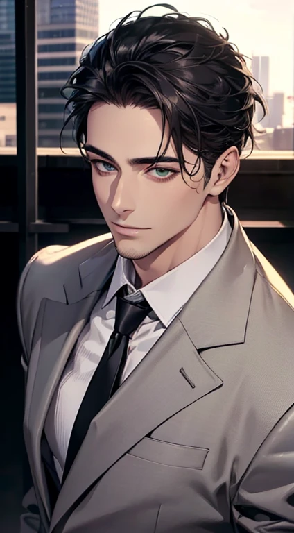 (Highest quality,4K,8K,High resolution,masterpiece:1.2),Super detailed,(Realistic,photoRealistic,photo-Realistic:1.37),1 person,34 years old,Mature Men,Beautiful skin、very handsome,Expressionless smile in love,Short gray Black hair,green eyes,Sharp Eyes,A perfect face without a doubt,Businessman, CEO, Office Background,Cinema Lighting,HDR image,tie、