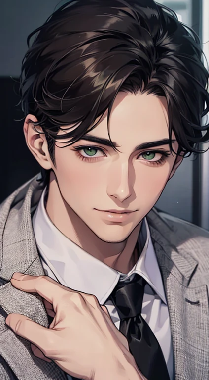 (Highest quality,4K,8K,High resolution,masterpiece:1.2),Super detailed,(Realistic,photoRealistic,photo-Realistic:1.37),1 person,34 years old,Mature Men,Beautiful skin、very handsome,Expressionless smile in love,Short gray Black hair,green eyes,Sharp Eyes,A perfect face without a doubt,Businessman, CEO, Office Background,Cinema Lighting,HDR image,tie、