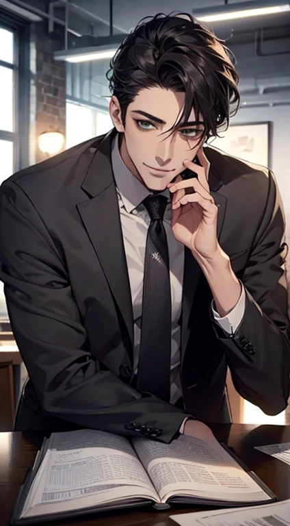 (Highest quality,4K,8K,High resolution,masterpiece:1.2),Super detailed,(Realistic,photoRealistic,photo-Realistic:1.37),1 person,34 years old,Mature Men,Beautiful skin、very handsome,Expressionless smile in love,Short gray Black hair,green eyes,Sharp Eyes,A perfect face without a doubt,Businessman, CEO, Office Background,Cinema Lighting,HDR image,tie、