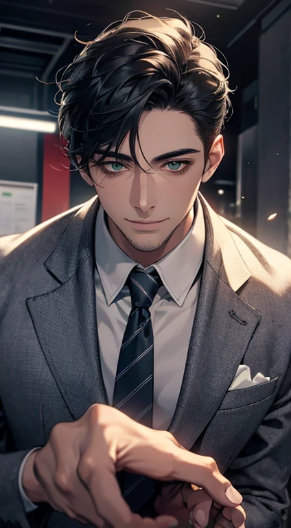 (Highest quality,4K,8K,High resolution,masterpiece:1.2),Super detailed,(Realistic,photoRealistic,photo-Realistic:1.37),1 person,34 years old,Mature Men,Beautiful skin、very handsome,Expressionless smile in love,Short gray Black hair,green eyes,Sharp Eyes,A perfect face without a doubt,Businessman, CEO, Office Background,Cinema Lighting,HDR image,tie、