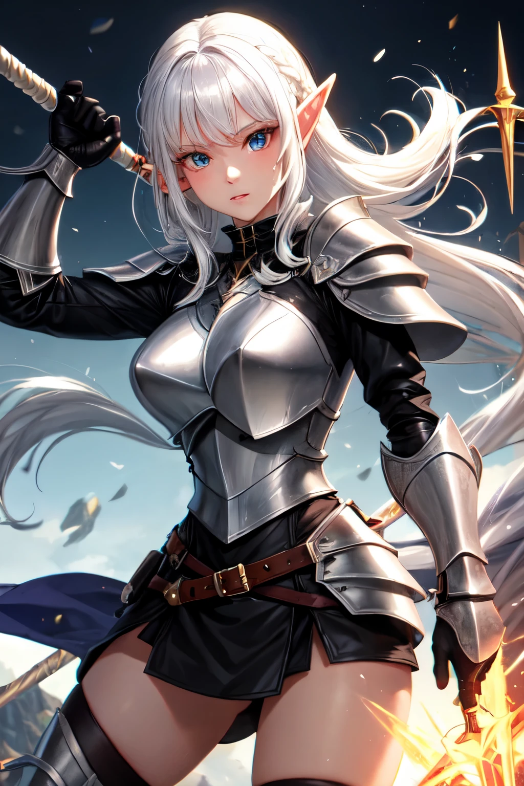 dark elf female with white hair long elf ears wearing black leather armor and has a rapier