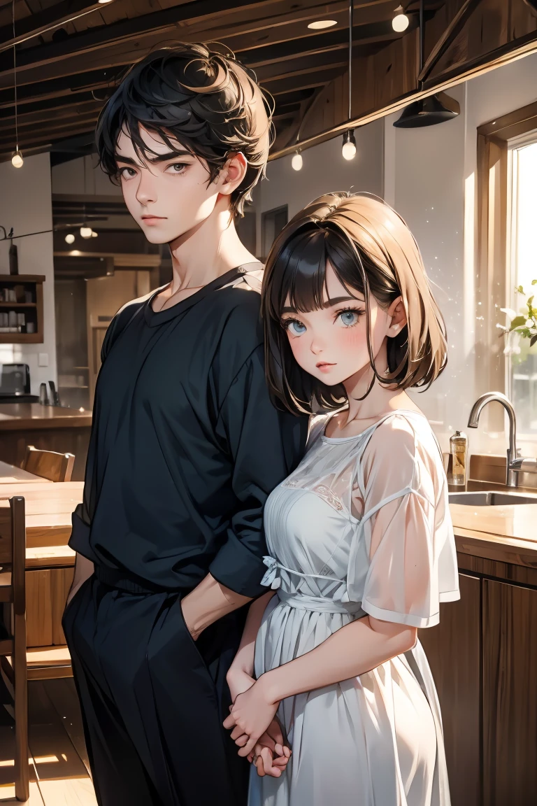 1 boy , 1 girl , she standing with a man beside , horny face ,