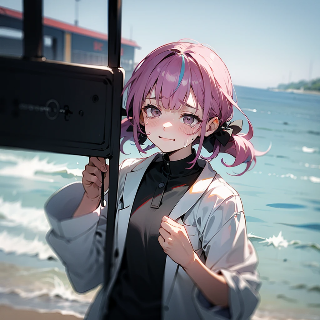 at the seaside,There is a train behind,Leave with your back to the camera,with tears,with tearsSmile,cry