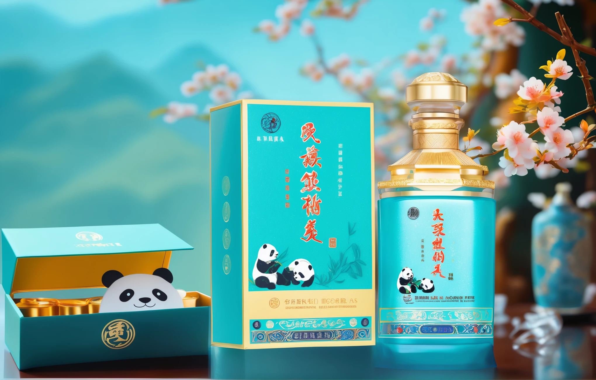 A bottle of light blue and gold colored Chinese liquor with panda elements on the packaging, next to it is an open gift box containing traditional Chinese jewelry, and behind them are blooming peach blossoms. The background features a colorful cartoon illustration style in the style of light green and yellow tones, with ultra-high definition images, exquisite details, golden age aesthetics, and high resolution. 