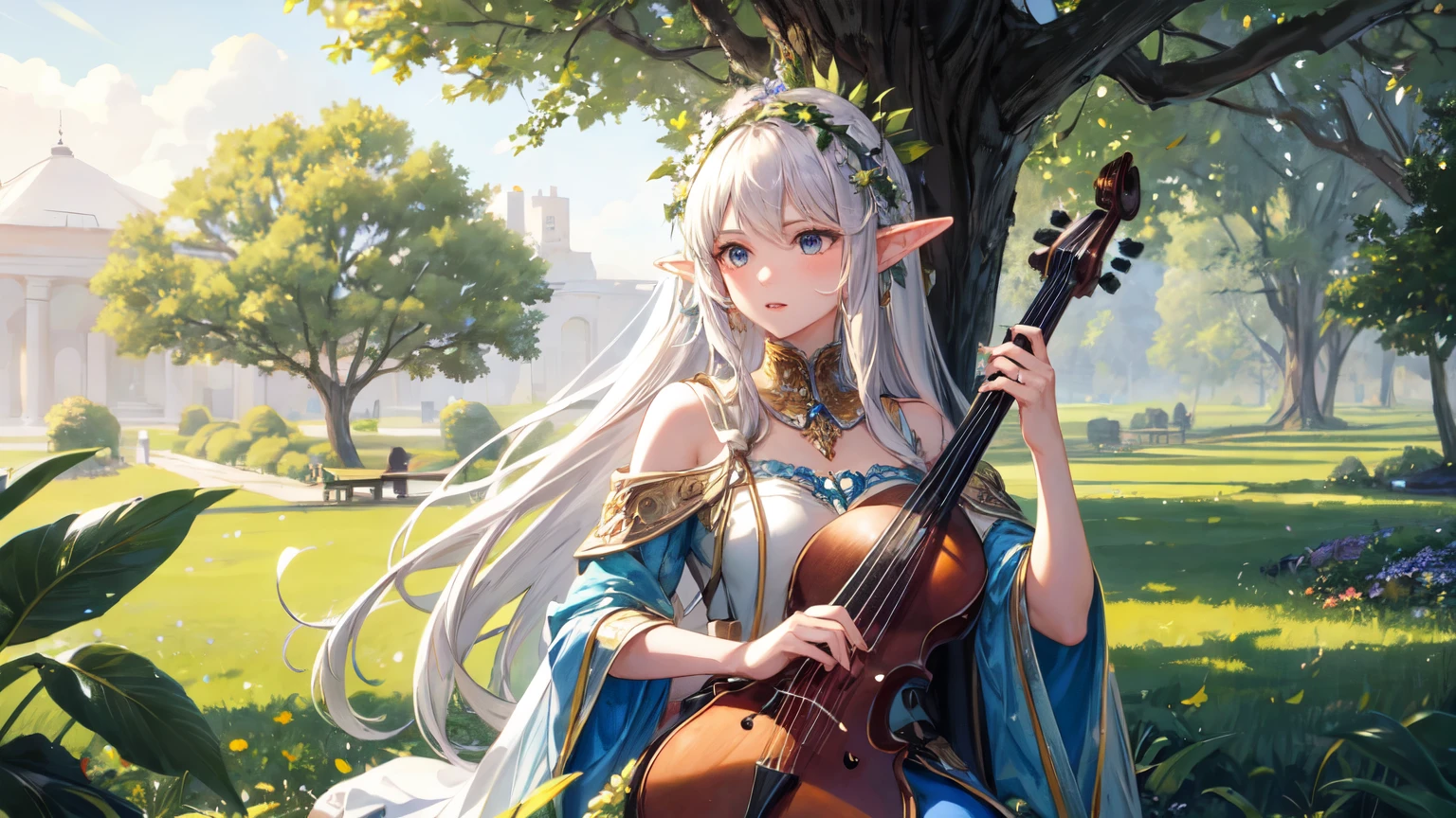 ((best quality)), ((masterpiece)), (detailed), beautiful elf playing harps at the center of large tree and surrounding with green field.