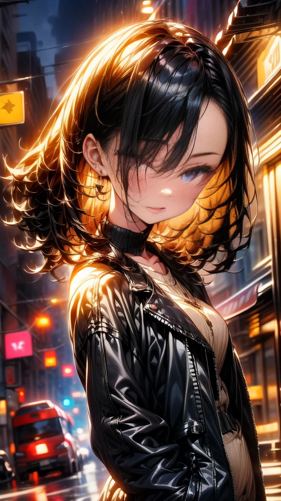 Create an anime-style image of an extremely beautiful young woman with short black hair, styled in a modern and edgy cut, with light bangs framing her face. Her eyes are a striking purple, large and expressive, capturing attention. She is wearing a stylish, fitted black leather jacket with silver zippers and metallic details. The young woman is in a confident and relaxed pose, with a slight tilt of her body to the left, her hands in the pockets of the jacket. The background is an urban street at night, illuminated by neon lights in blue and purple hues, reflecting in the puddles on the ground and creating a vibrant contrast with the dark jacket. The soft lighting highlights her delicate features and the details of the jacket, while a gentle breeze slightly moves some strands of her hair, adding dynamism to the scene. Her facial expression is serene and self-assured, with a slight smile on her lips. The composition of the image is balanced, with the young woman positioned slightly to the right of center, capturing the essence of a modern and stylish night in the city.(((Masterpiece))),(best quality),sharp focus,(1girl,solo),(Skin, body, hair, eyes, detailed: 1.5)