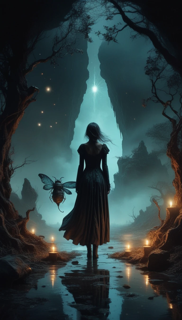 (fairy:1.5),(devil theme:1.5),(dark horror theme:1.5),(thriller:1.5),(Stephen King:1.5),(dark fantasy:1.5), (ink and watercolor painting:1.5), (black and white color:1.5), (ominous landscapes:1.5),(A large number of stars fly towards the viewer:1.5),(ruined:1.5), (ruined theme:1.5),(lots of flying dust:1.5),(puddle:1.5),(Unpaved roads:1.5),(absurderes:1.5),(fantastic:1.5),full body length,Quartz Lepidolite angry fairy in national dress,pretty face,full body shot,ominous landscape,Fluorite chrysocolla atmosphere,Simon Stalenhag,Nicola Samori,Wangechi Mutu,prime colors,extremely detailed,masterpiece,intricate details,faded,eyes extremely detailed, high detailed eyes,4k resolution,RAW, Nikon Z9,scary town,full body length,evil ghost, of Winnie-the-Pooh Iridescent,intricate details,Stone Forest in Yunnan Province of China,ultra-detailed,dark and eerie atmosphere, ethereal presence, hauntingly beautiful, ghostly figures, swirling mists, supernatural entities, demonic essence, shadowy forms, eerie whispers, sinister aura, hauntingly pale skin, dark,twisted branches, flickering candlelight, macabre elements, mysterious and enigmatic, spectral apparitions, gothic art style, hauntingly captivating, spectral realm, hauntingly melancholic, otherworldly beauty, ethereal glow, hauntingly haunting, chilling and atmospheric, eerie and ominous lighting,Impresionismo，starlight color，Fantastic lighting，Ethereal atmosphere，otherworldly charm，Mystic aura，with a calm expression，Complicated details，Exquisite features,Light of the sky，harmonious colorystic energy，Surreal atmosphere，Amazing Cleavage，Sublime art，vibrant tones，captivating creation,After the war，Maritime city，sense of science and technology，The city of the future，Spaceship wreckage，There are giant spaceships under sea
