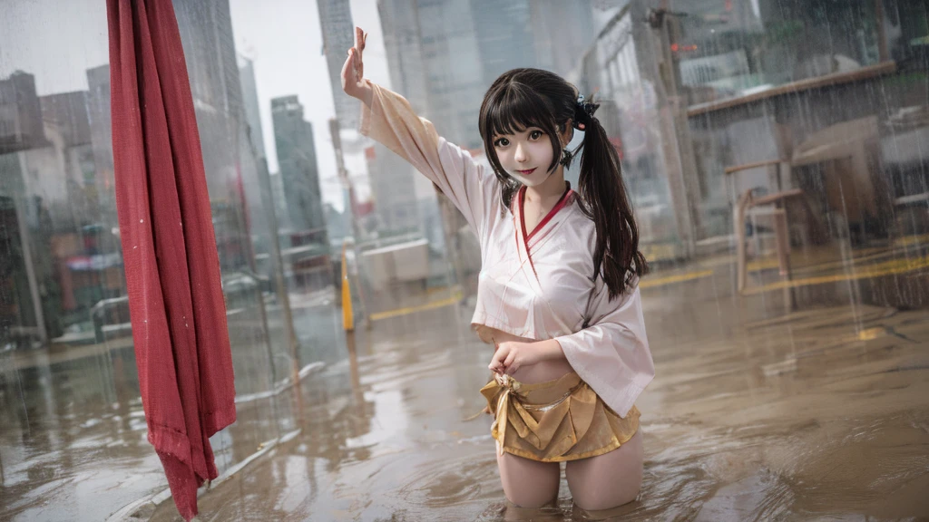 A miko that dances while the rain is soaking wet.