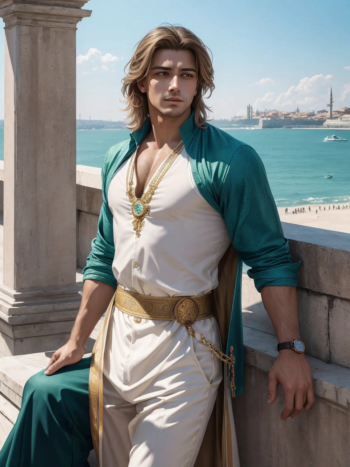 (masterpiece, Highest quality, Highest quality, Official Art, beautifully、aesthetic:1.2), (One man:1.3), Very detailed,colorful,The most detailed The resurrected figure of Roman Emperor Constantine I "The Great". modern. A man in his 20s. A hard-working and talented businessman. Soft hair. Warm colored hair. A lively look. A gentle smile. He is warm-hearted but resolute. Eyes like the eyes of a lion. Bright and sharp eyes. broad shoulders. thick neck Stylish appearance. I'm wearing resort wear. he is looking up at the blue sky. Background of Istanbul, Turkey. Early summer before vacation. water. green. A refreshing breeze is blowing. Delicate and elegant. Elegant and luxurious. Detailed and exquisite. concept art. Super high quality. Super high quality. A super masterpiece. Super beautiful.