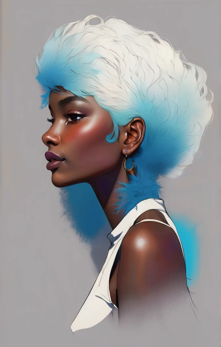 (from the side:1.4) of a stunning Burundian woman with a small smile (curvy and busty:1.2) feathers on her hair, standing, simple background, small halftone dot shading, godrays. Conrad Roset, digital painting, pop surrealism, synthwave style