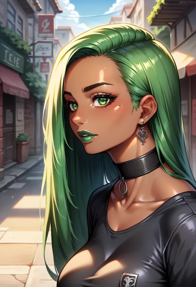 (high-level image quality), (hight quality), (hight resolution), (detailed), (masterpiece), beautiful woman, ((african skin)), green hair, long hair, green lipstick, black choker, green eyes, aroused, Detailed eyes, perfect eyes, Detailed face, ((streets)), gothic clothes