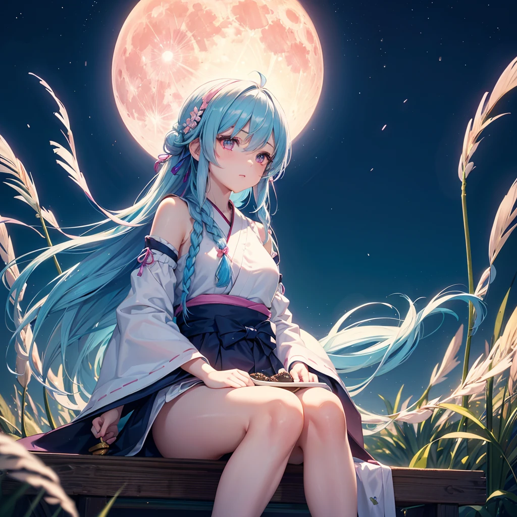 Sky blue hair, (1 braided hair), (Pink eyes),Fair skin)  ,(whole body),(One Girl),(White sweet dumplings ),White round dumplings,Japanese pampas grass,(beautiful, Full moon shining in the night sky),(masterpiece, Highest quality, Very detailed, Best Shadow), (Detailed Background), (Beautifully detailed face), High Contrast, (Best lighting, Very delicate and beautiful), ((Cinematic Light)), colorful, Hyper Detail,8k, Dramatic Light, Intricate details,Sit down and eat dumplings