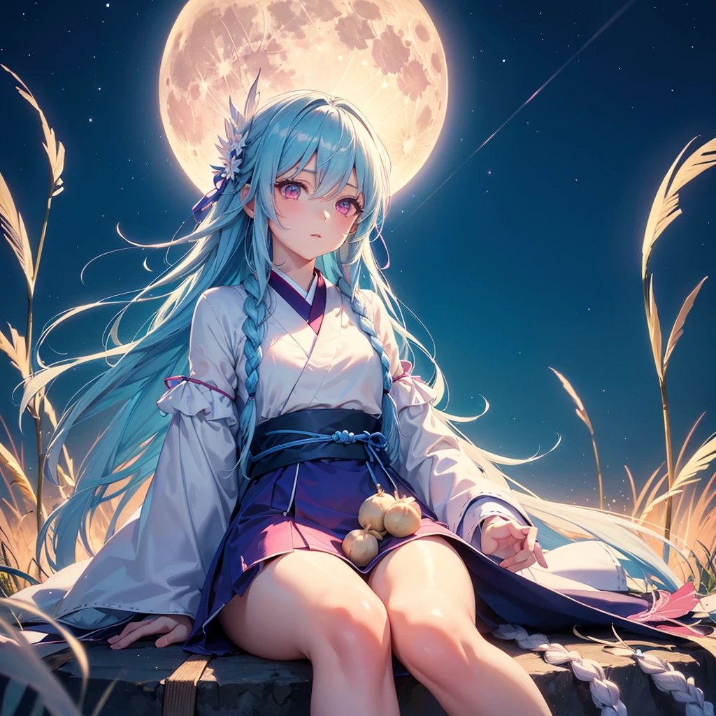 Sky blue hair, (1 braided hair), (Pink eyes),Fair skin) ,(whole body),(One Girl),(White sweet dumplings ),White round dumplings,Japanese pampas grass,(beautiful, Full moon shining in the night sky),(masterpiece, Highest quality, Very detailed, Best Shadow), (Detailed Background), (Beautifully detailed face), High Contrast, (Best lighting, Very delicate and beautiful), ((Cinematic Light)), colorful, Hyper Detail,8k, Dramatic Light, Intricate details,Sit down and eat dumplings