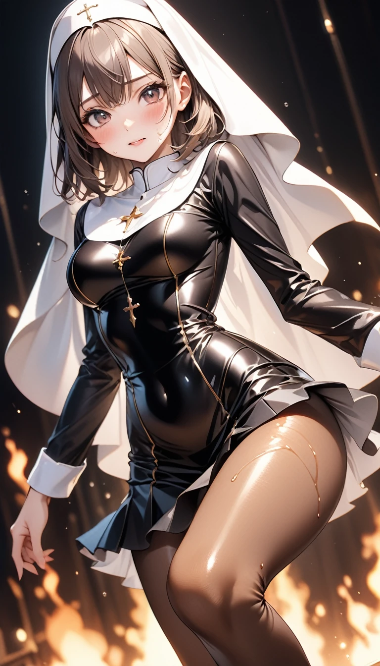 ((traditional nun)),, ((skirt)), ((pantyhose)), ((Shiny Costumes)), skindentation, skinny, solo, 1 woman, Masterpiece, highest quality, highest quality, 16K, incredibly absurd, highly detailed, 2.5D, ai-generated, delicate and dynamic, very delicate facial expressions, delicate eye depiction, erotic, only sexy woman, ((A cute and kind face)), healthy figure, ((25-year-old woman)), 160cm tall, medium firm swaying bust, , blush, Sweat,Embarrassed,sexy, ((thin thighs)), (camel toe:0.7), (visible nipples:0.3), (Erect nipples,:0.7), shiny and lustrous, facing straight at viewer, (((in heat))), ((Oily_skin)), ((Lots of sweat)), (((Brown Skin))), ((dutch angle)), ((erotic pose)),