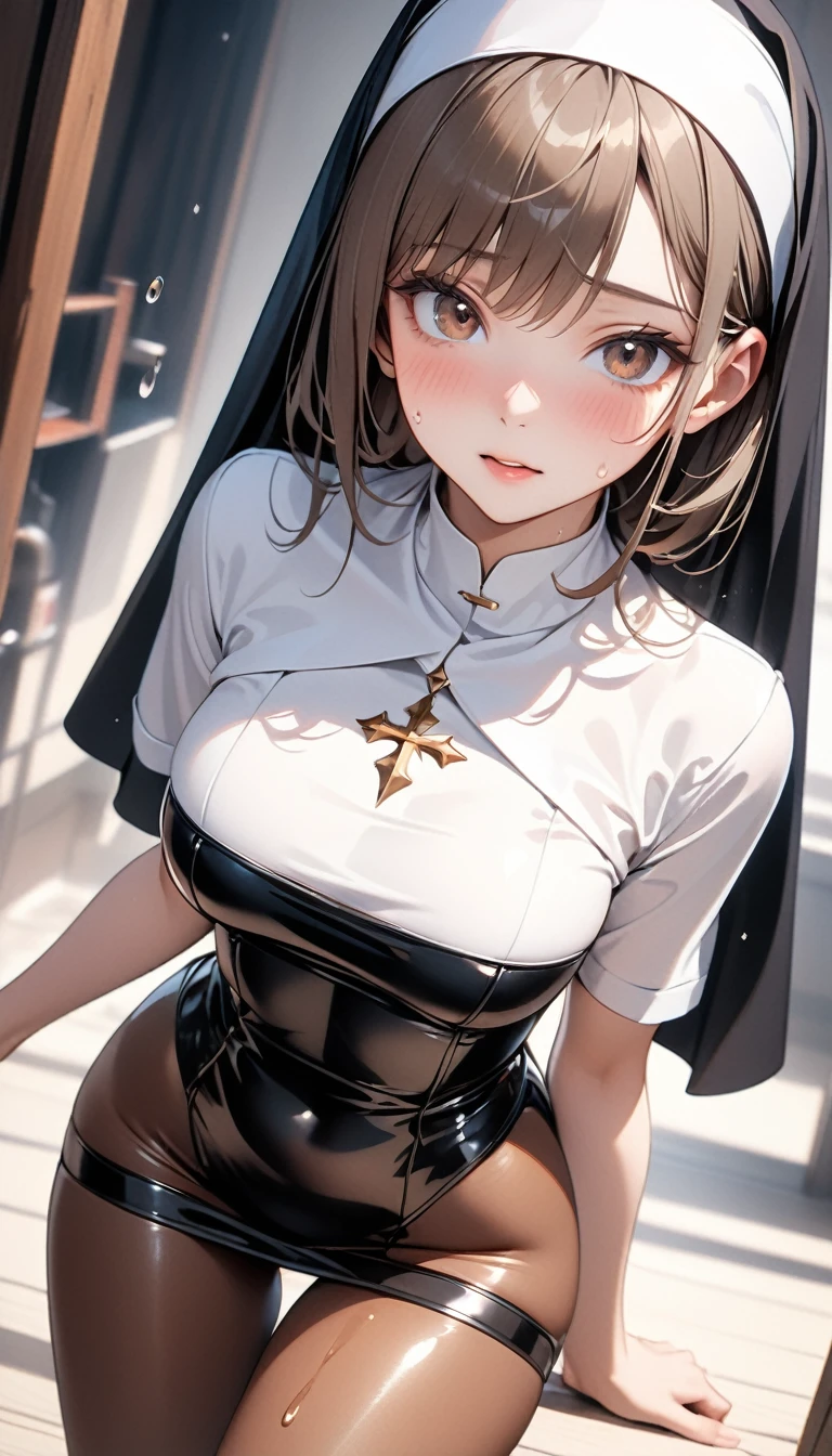 ((traditional nun)),, ((skirt)), ((pantyhose)), ((Shiny Costumes)), skindentation, skinny, solo, 1 woman, Masterpiece, highest quality, highest quality, 16K, incredibly absurd, highly detailed, 2.5D, ai-generated, delicate and dynamic, very delicate facial expressions, delicate eye depiction, erotic, only sexy woman, ((A cute and kind face)), healthy figure, ((25-year-old woman)), 160cm tall, medium firm swaying bust, , blush, Sweat,Embarrassed,sexy, ((thin thighs)), (camel toe:0.7), (visible nipples:0.3), (Erect nipples,:0.7), shiny and lustrous, facing straight at viewer, (((in heat))), ((Oily_skin)), ((Lots of sweat)), (((Brown Skin))), ((dutch angle)), ((erotic pose)),