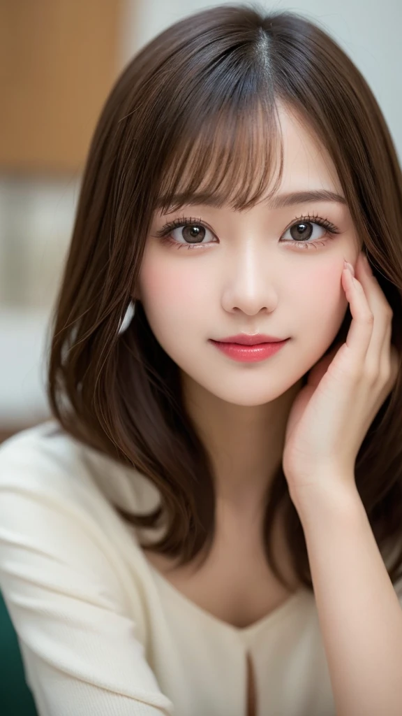 Tabletop, Highest quality, shape, Very detailed, In detail, High resolution, 8k wallpaper, Perfect dynamic composition, Beautiful attention to detail, ランダムなcute髪,,Natural color lip, Bold sexy pose,smile、20-year-old girl、cute、sexy shot looking at camera,常にBlur the background,Perfect and beautiful face,Photograph only the face,Beautiful and elaborate face、Slim face and shape,Big eyes、Putting on gal makeup,Blur the background,Blur the background,Face close-up