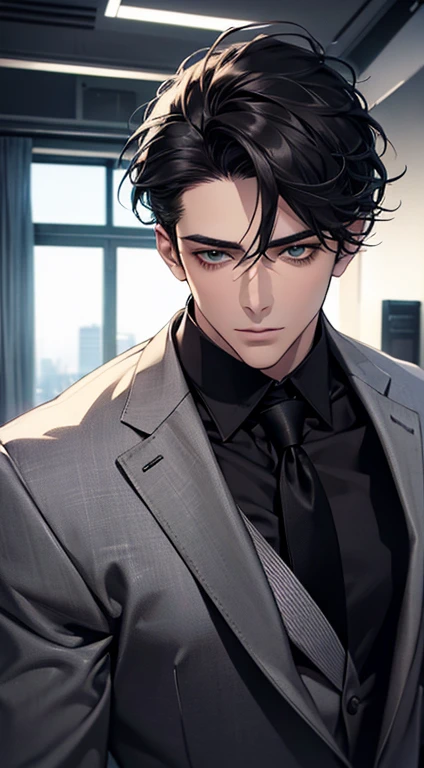 (Highest quality,4K,8K,High resolution,masterpiece:1.2),Super detailed,(Realistic,photoRealistic,photo-Realistic:1.37),1 person,35 years old,Mature Men,Beautiful skin、very handsome,Expressionless,Short gray Black hair,green eyes,Sharp Eyes,A perfect face without a doubt,Businessman, CEO, Office Background,Cinema Lighting,HDR image,tie、