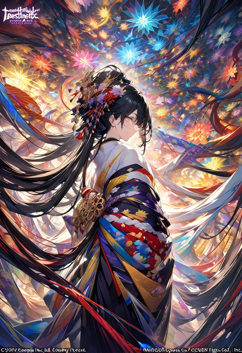 (masterpiece, Highest quality, Highest quality, Official Art, beautifully、aesthetic:1.2), (One girl:1.3), Very detailed,(Fractal Art:1.1),(colorful:1.1), Most detailed,(Tangled:1.2), (Abstract background:1.5), (Japanese Kimono:1.8), (Glowing Skin), (Many colors:1.4), (Black Hair:1.5), (With confidence).