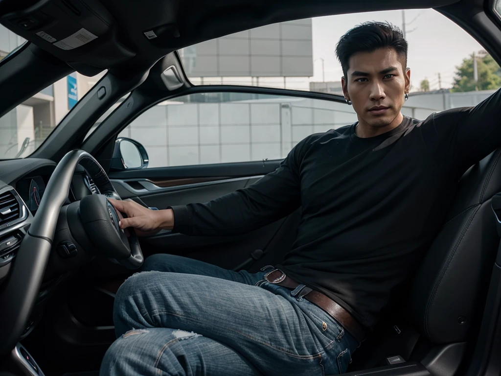 A muscular, handsome, stylish Korean man with well-groomed hair and earrings, wearing a black tshirt and jeans, full body shoot. The image is set in a BMW x7,morning.
