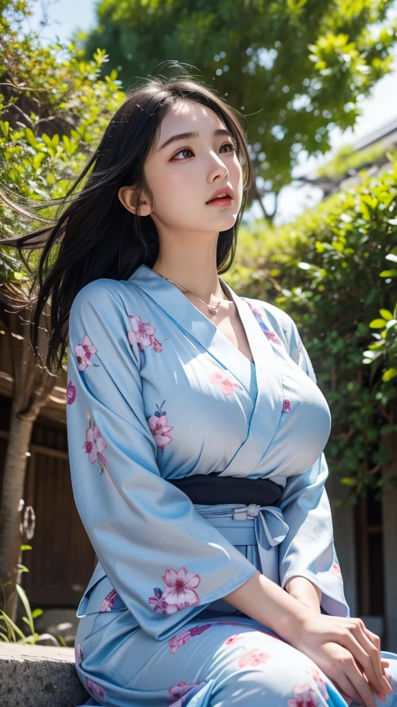Gal、Around 20 years old、yukata、Very large breasts、Black Hair、Hair blowing in the wind、Textured skin、Crouching、Looking up from below、Silver necklace、Ultra high definition, Drooling,