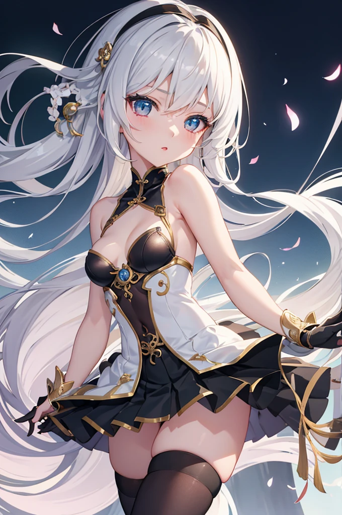 One girl, anime, cute girl, Blank Background, White Background, Fantasy, detailed dark Fantasy dress with highlights, Beautiful Face, Beautiful Eyes, Dark colors, Silver Hair, Slightly small chest, Slight cleavage, Beautiful Skin, cute, Chest Curtain, Very delicate and beautiful, (Beautifully detailed face:1.0), (detailed Deep Eyes), Symmetrical breasts, Deep Eyes, Glowing Skin, Portraiture, Narrow waist, Hips are wider than shoulders, Thighs, Young girl, Expressionless, Iroha Base, hair ornaments, hair band, sarashi, Haori, Covered navel, Black gloves, Pleated skirt, Green Skirt, White knee socks