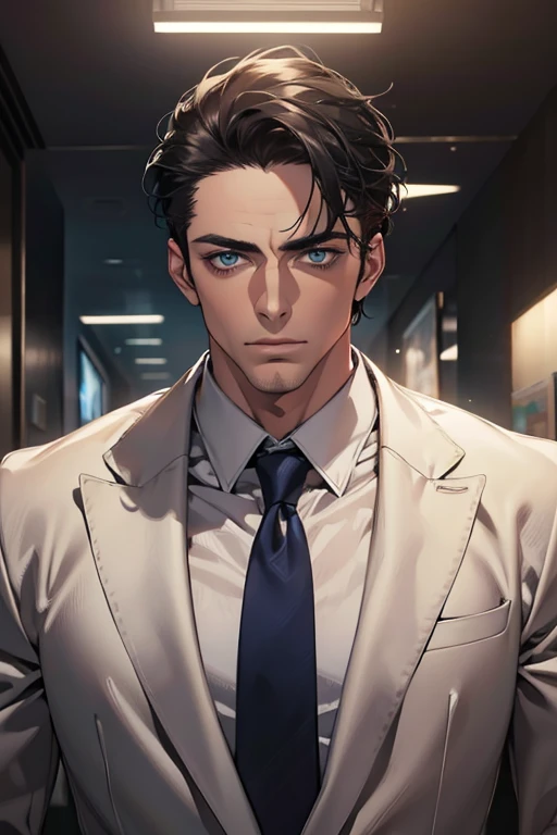 (Best Quality,4k,8k,high resolution,Masterpiece:1.2),ultra detailed,(realist,photorealist,photo-realist:1.37),1 man,31 years,mature man,very handsome,without expresion,muscled body,short gray black hair,Blue eyes,glare,perfect face without mistakes,imposing posture,businessman,office background,cinematic lighting,imagen HDR