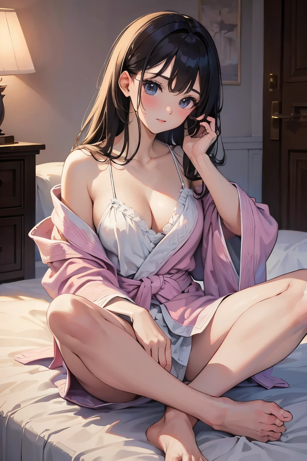 (masterpiece, Highest quality), Beauty、28 years old、Bathrobes、Bedroom、Sexy、Bedroom、Beautiful feet、Adorable expression、cute、Upper Body