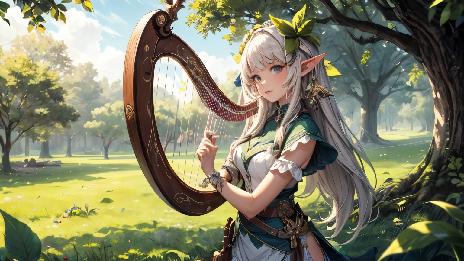 ((best quality)), ((masterpiece)), (detailed), beautiful elf playing harps at the center of large tree and surrounding with green field.