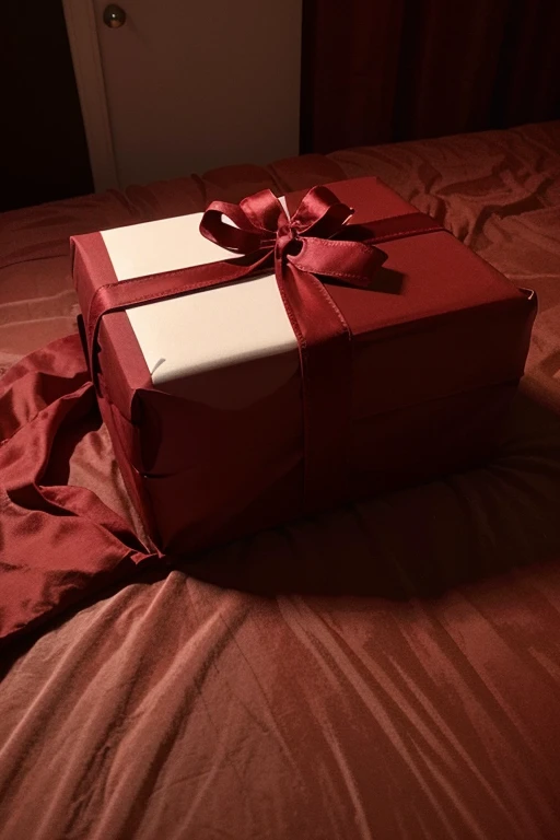 Cartier gift with red wrapping on top of a bed with brown sheets that looks like a photo taken for an Instagram story