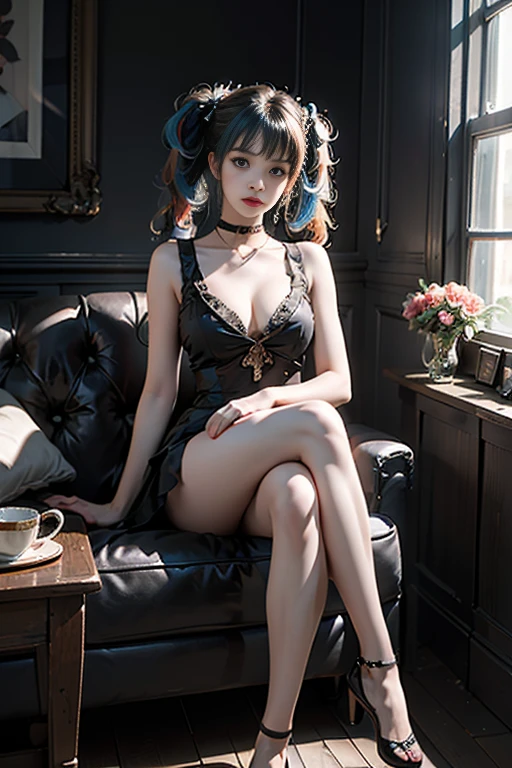 harley quinn,twintails ((1 girl, Elegant posture)), Natural leg proportions, Visible cleavage, masterpiece, ((Sexy long legs, Very beautiful legs)), (best quality, 4K, 8K, high resolution, masterpiece:1.2), Extremely detailed, (Practical, photoPractical, photo-Practical:1.37), Official Art, CG, Anatomically correct, Random Scenes, Random shooting angle, Movie, photography, Intricate background, Soft lighting, Subtle shadows, Vibrant colors, Expressive eyes, Beautiful, high class boutique, Ambience, A moment of honesty, Natural expression, Detailed texture, Fine details, Refined and elegant, Exquisite style, Artistic Composition, Beautifully presented.