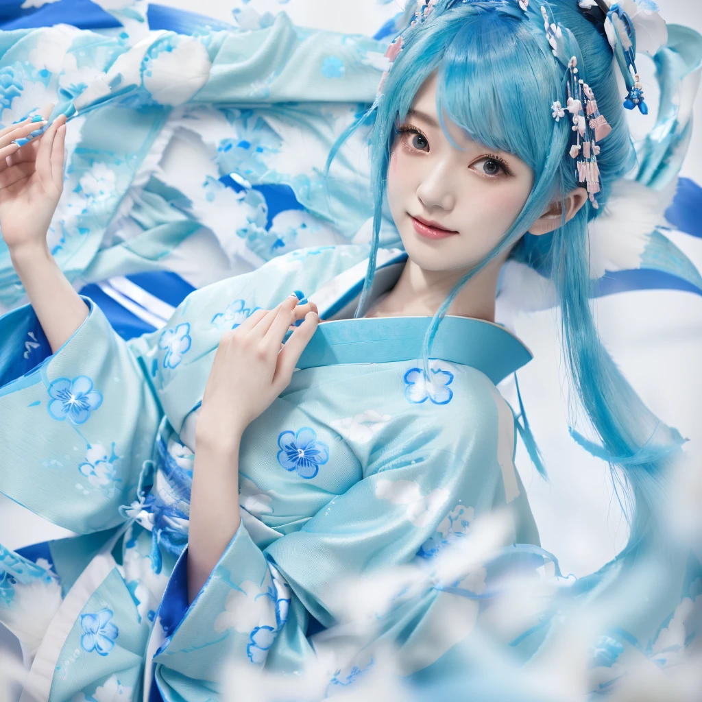 A girl in her fifties with blue hair and a kimono, Anime Girl Cosplay, palace ， a girl in Hanfu, Hatsune Miku Cosplay, Anime Cosplay, Wearing ancient Chinese costumes, Hanfu, Trending on cgstation, Japanese Goddess, Wearing ancient Chinese costumes, Japanese Kimono, Haise Jinyao, Mikudayo, Wearing a blue Chinese dress