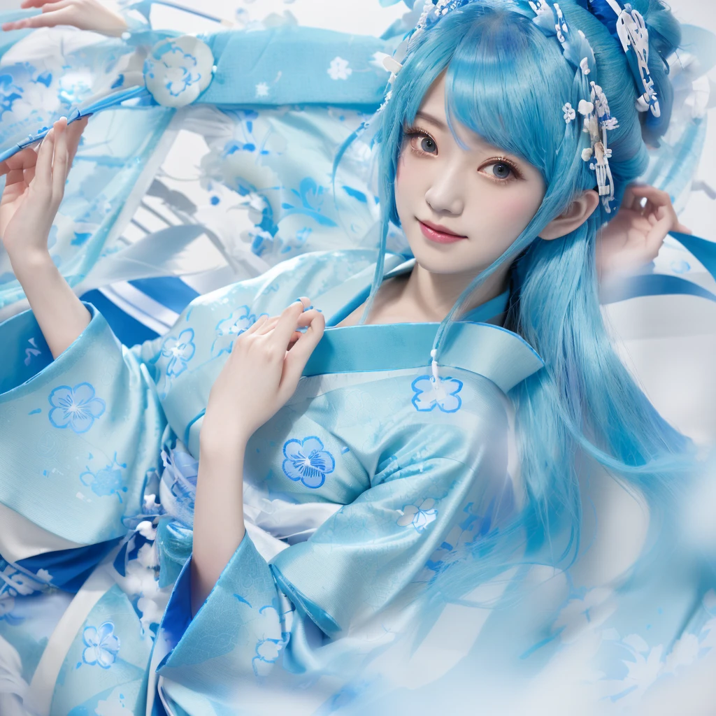 A girl in her fifties with blue hair and a kimono, Anime Girl Cosplay, palace , a girl in Hanfu, Hatsune Miku Cosplay, Anime Cosplay, Wearing ancient Chinese costumes, Hanfu, Trending on cgstation, Japanese Goddess, Wearing ancient Chinese costumes, Japanese Kimono, Haise Jinyao, Mikudayo, Wearing a blue Chinese dress