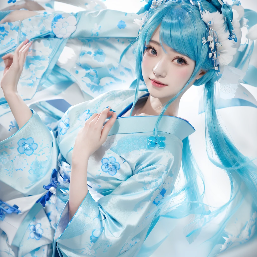 A girl in her fifties with blue hair and a kimono, Anime Girl Cosplay, palace ， a girl in Hanfu, Hatsune Miku Cosplay, Anime Cosplay, Wearing ancient Chinese costumes, Hanfu, Trending on cgstation, Japanese Goddess, Wearing ancient Chinese costumes, Japanese Kimono, Haise Jinyao, Mikudayo, Wearing a blue Chinese dress