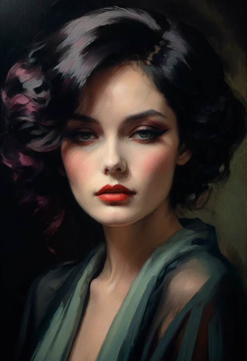 chiaroscuro technique on sensual illustration of an elegant 1980s woman, vintage beauty, eerie, the model draped in flowing, thick oil painting, by Hannah Dale, by Harumi Hironaka, extremely soft colors, vibrant, highly detailed, malcolm liepke painting, oil on canvas, high contrast, dramatic, refined, tonal, Create high contrast between light and shadow