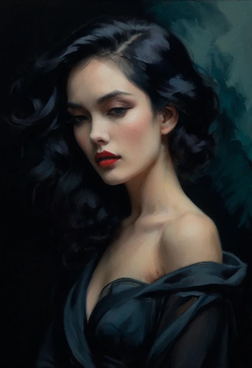chiaroscuro technique on sensual illustration of an elegant 1980s woman, vintage beauty, eerie, the model draped in flowing, thick oil painting, by Hannah Dale, by Harumi Hironaka, extremely soft colors, vibrant, highly detailed, malcolm liepke painting, oil on canvas, high contrast, dramatic, refined, tonal, Create high contrast between light and shadow