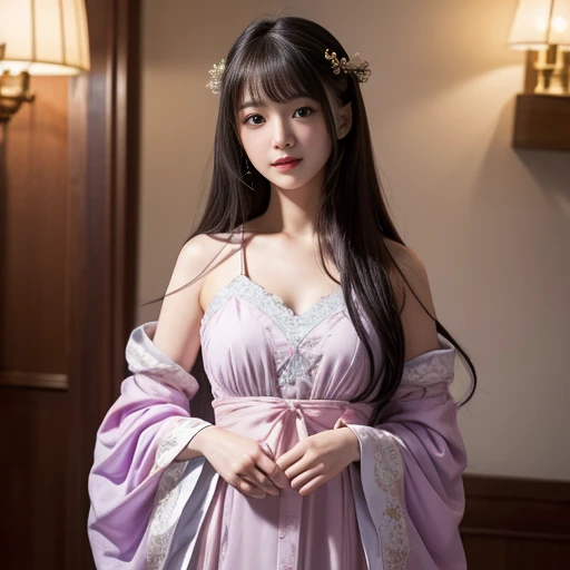 best quality, Delicate face，beautiful visual work, lifelike, eternity, black hair, Long curly hair, blunt bangs, Smile, Detailed Background, Delicate face，pink blush，cold，((masterpiece))、(top quality)、8k、high detail、Super detailed，21 years old female，Wearing wide-sleeved Tang Dynasty Hanfu、Clothes made of chiffon, gauze clothes, Clothes feel soft, Transparent sleeves， Seductive and whimsical style、masterpiece、born、Scenes resembling fairy tale illustrations、intricate details和複雜的設計、Beautifully、magic、capricious、 Beautifully、Dream aesthetics、「𝓡𝓸𝓶𝓪𝓷𝓽𝓲𝓬、ethereal、charming、fickle、magic」、realism、Visual effects、FXAA、SSAO、Shader、voiceless、ambient lighting、Tone mapping、High resolution、Ultra high quality、Million pixels、(8K resolution:1.10)、8k、8k以下、8K resolution、high detail、intricate details， (high quality:1.2、masterpiece:1.2、:1.21)、(21 years old female:1.21)、(興奮地Smile)、(Surrounded by a dreamy atmosphere、Model diagram，full-body shot，Normal 2 feet，Don't show your fingers，Behind the Letting Go, The protrusion of the breast is visible when wearing clothes, Large Breasts, H cup chest, Landscape photos，Purple clothes