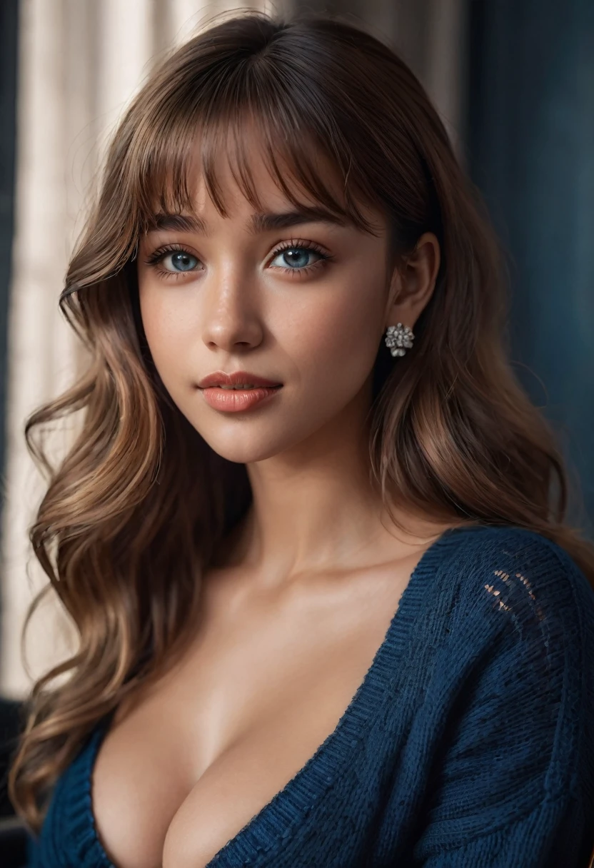 illustration, in the style of Phillip DiCordia, cinematic still portrait of a young girl aged 18, 1girl, solo, mixed-race woman, Instagram model, long hair, dark blonde hair, crossed bangs, wavy hair, athletic body, huge breasts, light freckles on face, perfect lips, cute face, posing for the camera, moody, epic, gorgeous, light brown eyes, constricted pupils, crystal earrings, seductive smile, sensual vibes, sitting in a chair, cinematic lighting, wearing a black sweater, deep cleavage, wearing blue jeans, full body photo, wide shot, Ultra-Wide Angle, 85mm, masterpiece, highres, best quality, high details, detailed skin, detailed body, detailed eyes, detailed iris, textured skin, UHD