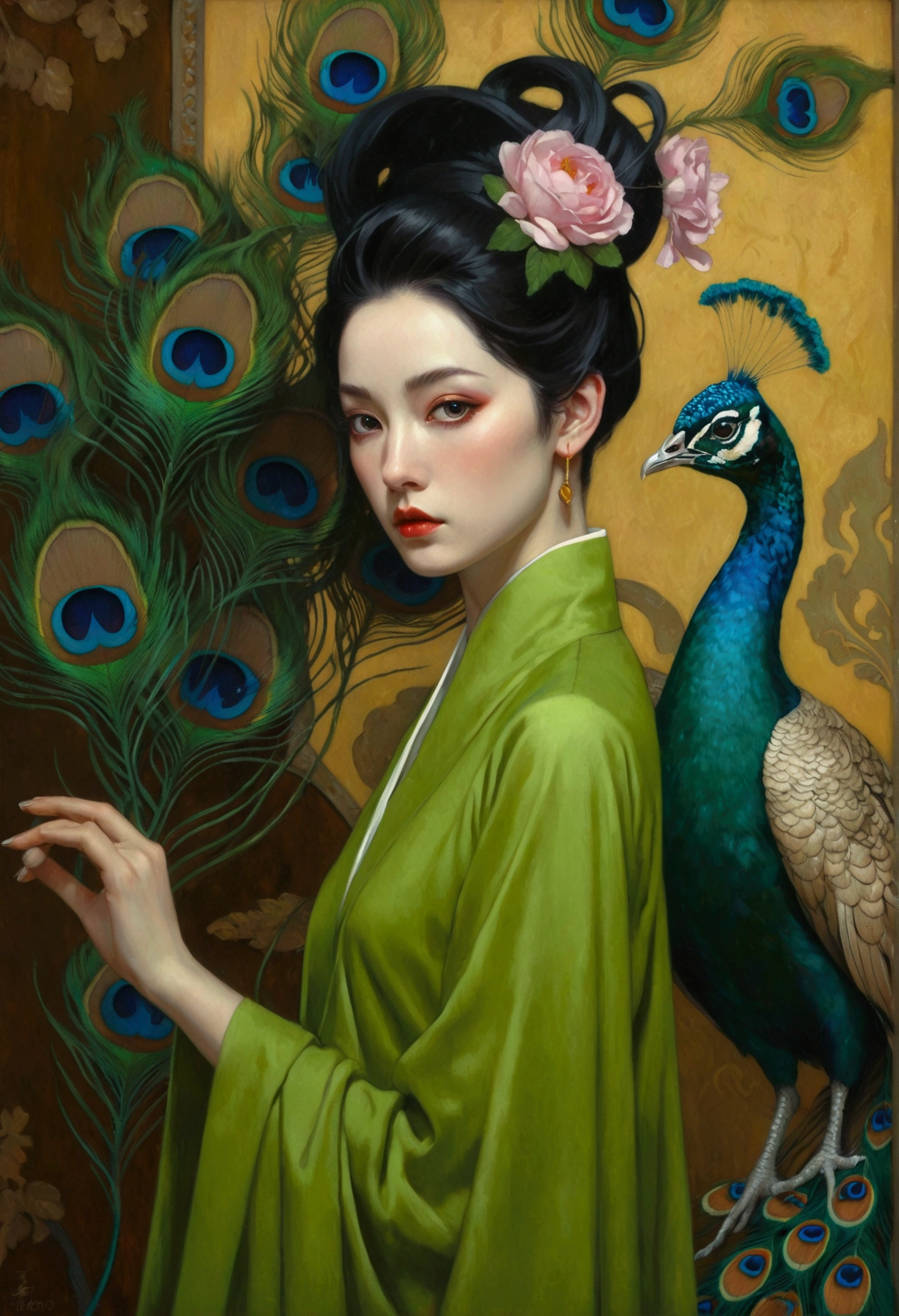 A woman in a green dress in the painting，A peacock perched on his shoulder, Tom Bagshaw Donato Giancora, Natalie Shaw Tom Bagshaw, Artgerm and Tom bAgshAw, Beautiful character painting, Artgerm Julie Bell Beeple, Chie Yoshii, Art Jam and James Jean, Art by Tom Bagsha, tom bagshaw style