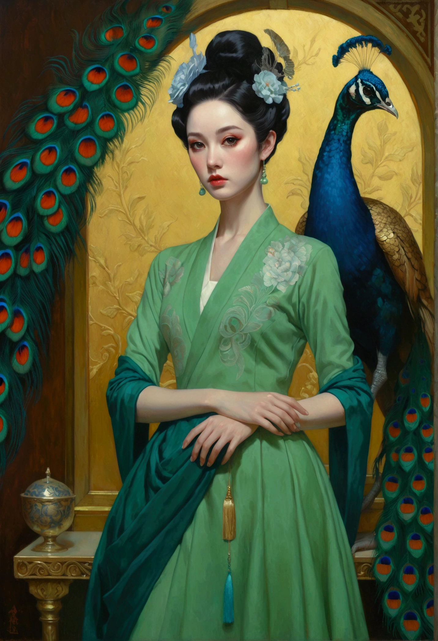 A woman in a green dress in the painting，A peacock perched on his shoulder, Tom Bagshaw Donato Giancora, Natalie Shaw Tom Bagshaw, Artgerm and Tom bAgshAw, Beautiful character painting, Artgerm Julie Bell Beeple, Chie Yoshii, Art Jam and James Jean, Art by Tom Bagsha, tom bagshaw style