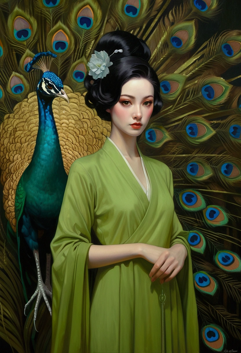 A woman in a green dress in the painting,A peacock perched on his shoulder, Tom Bagshaw Donato Giancora, Natalie Shaw Tom Bagshaw, Artgerm and Tom bAgshAw, Beautiful character painting, Artgerm Julie Bell Beeple, Chie Yoshii, Art Jam and James Jean, Art by Tom Bagsha, tom bagshaw style