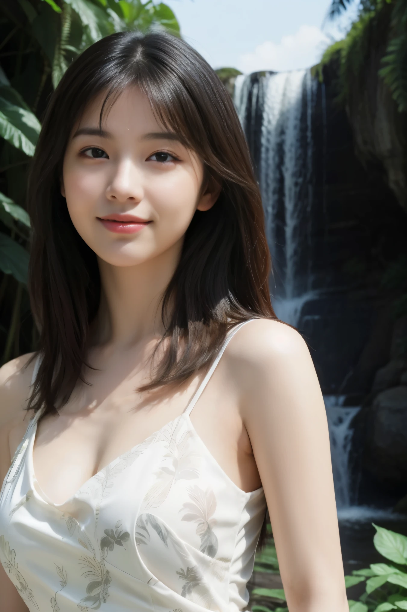 (ultra realistic) , (illustration), (increase resolution), (8K), (extremely detailed), (best illustration), (beautiful detailed eyes), (best quality), (ultra-detailed), (masterpiece), (wallpaper), (detailed face), 1 girl, black straight hair, plump , slender body, delicate details, in the dark, deep shadow, low key, pureerosfaceace_v1, happy smile, summer dress, waterfall, rainforest