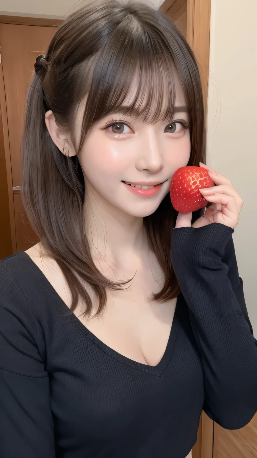 Best image quality (8k, High resolution, masterpiece: 1.2), Very detailed, Random Hairstyles, 26-year-old woman, 

Extraordinary beautiful girl、Cute and beautiful face details、(Dealing with the Children_v1:0.008)、


score_9, score_8_upper, score_7_upper, 
situation: Received training from an experienced producer、Skill-honing scenes。
A single strawberry


,Active stop temporarily ,
On her side、The thunder danced。
Focus on the upper waist


, Random cute poses ,Big eyes ,Puffy eyes ,  Heart pupil, blush  , Big shy smile , salute

　

