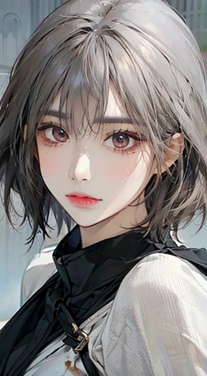 A painting of a woman with gray hair and an orange top, stunning anime face portrait, beautiful character painting, beautiful anime portrait, her image is rendered by red paint, presenting a stunning effect. The painting is very detailed, depicting women's faces and clothing. Her face has a creamy dripping effect, which makes the whole face more vivid. She wears a beautiful detailed outfit with pale gray hair. The proportions are accurate, and the costumes of the female characters are traditionally dressed, showing a classical charm.