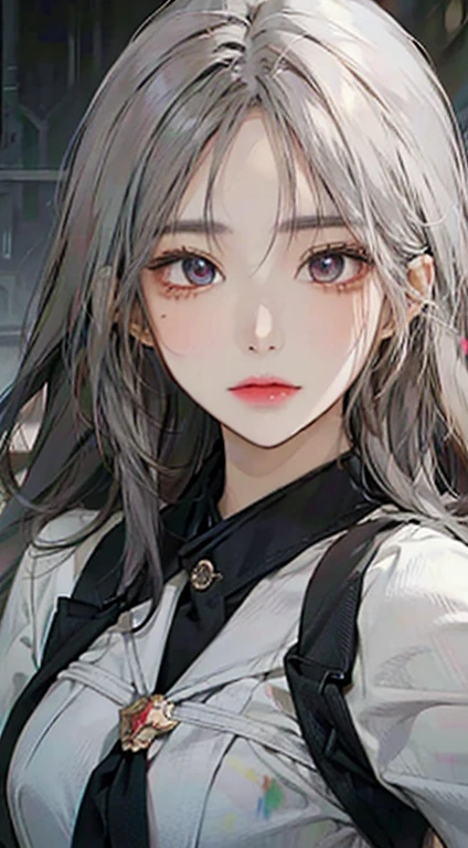 A painting of a woman with gray hair and an orange top, stunning anime face portrait, beautiful character painting, beautiful anime portrait, her image is rendered by red paint, presenting a stunning effect. The painting is very detailed, depicting women's faces and clothing. Her face has a creamy dripping effect, which makes the whole face more vivid. She wears a beautiful detailed outfit with pale gray hair. The proportions are accurate, and the costumes of the female characters are traditionally dressed, showing a classical charm.