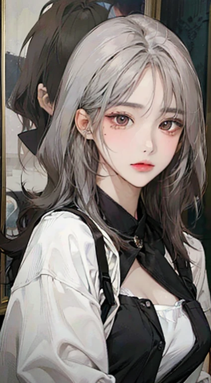 A painting of a woman with gray hair and an orange top, stunning anime face portrait, beautiful character painting, beautiful anime portrait, her image is rendered by red paint, presenting a stunning effect. The painting is very detailed, depicting women's faces and clothing. Her face has a creamy dripping effect, which makes the whole face more vivid. She wears a beautiful detailed outfit with pale gray hair. The proportions are accurate, and the costumes of the female characters are traditionally dressed, showing a classical charm.