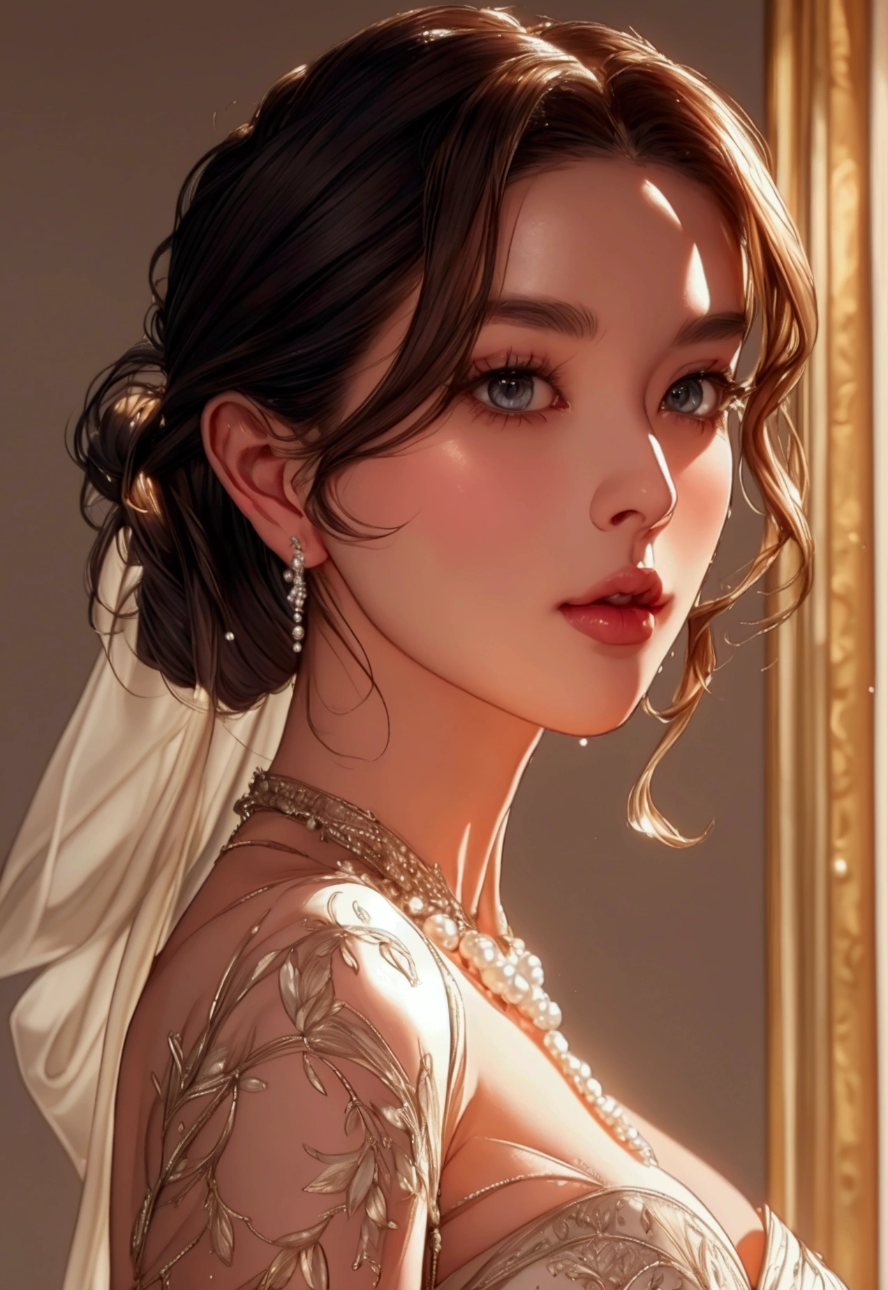 nsfw,((best quality,4k,highres,masterpiece:1.2)),((character concept art)), a beautiful elegant woman, 1girl, grace kelly, gorgeous detailed face, detailed eyes, detailed lips, long eyelashes, high cheekbones, delicate skin, elegant hairstyle, pearl necklace, satin dress, graceful pose, looking away, warm lighting, ((intricate detail)), super finely detailed hands, ultra finely detailed fingers(((ten fingers))), (standing elegantly), (full body showcase), (show full body), (no logos on background), (no logo), ((plain background)), ((plain background)), (((empty background)))