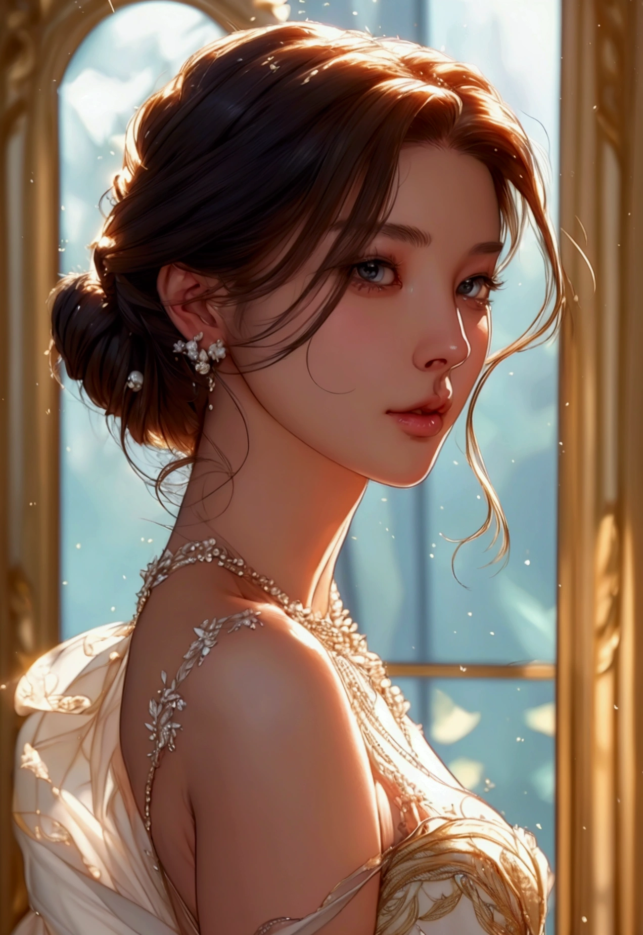 nsfw,((best quality,4k,highres,masterpiece:1.2)),((character concept art)), a beautiful elegant woman, 1girl, grace kelly, gorgeous detailed face, detailed eyes, detailed lips, long eyelashes, high cheekbones, delicate skin, elegant hairstyle, pearl necklace, satin dress, graceful pose, looking away, warm lighting, ((intricate detail)), super finely detailed hands, ultra finely detailed fingers(((ten fingers))), (standing elegantly), (full body showcase), (show full body), (no logos on background), (no logo), ((plain background)), ((plain background)), (((empty background)))