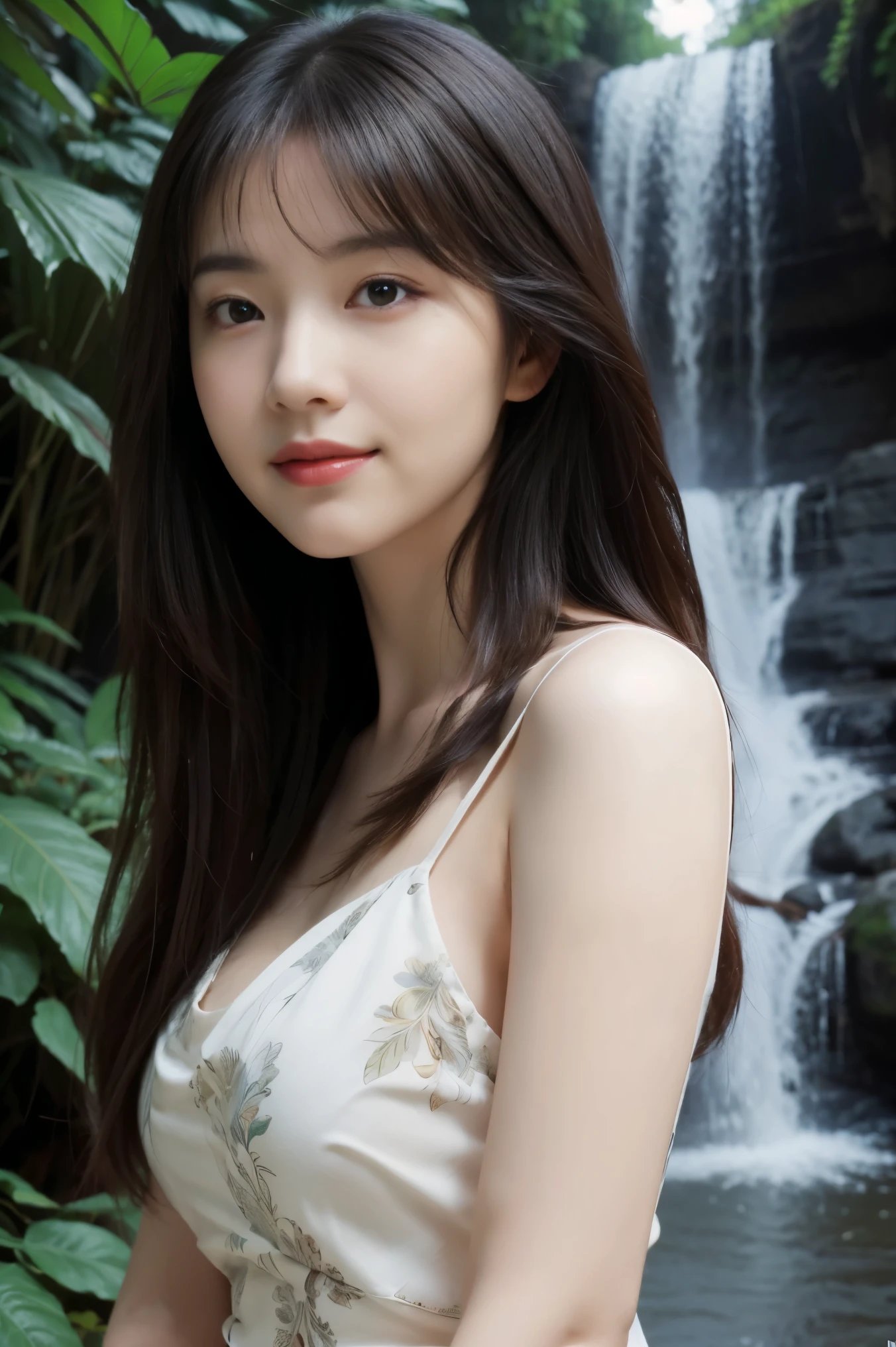 (ultra realistic) , (illustration), (increase resolution), (8K), (extremely detailed), (best illustration), (beautiful detailed eyes), (best quality), (ultra-detailed), (masterpiece), (wallpaper), (detailed face), 1 girl, black straight hair, plump breasts, slender body, delicate details, in the dark, deep shadow, low key, pureerosfaceace_v1, happy smile, summer dress, waterfall, rainforest