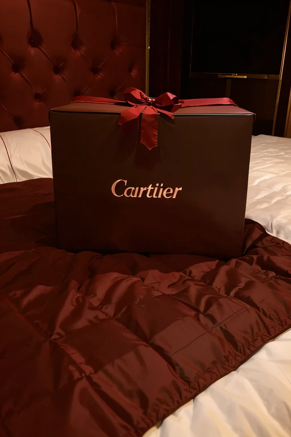 Cartier gift with red wrapping on top of a bed with brown sheets that looks like a photo taken for an Instagram story